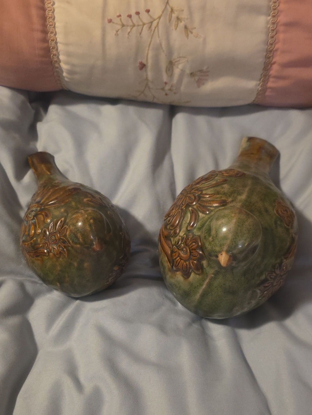 Green Ceramic Bird Vase Pair with Floral Relief Accents
